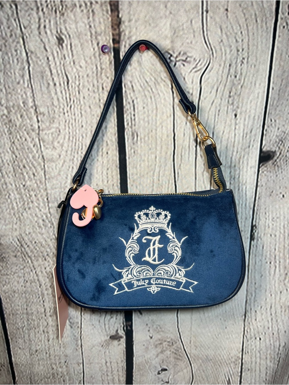Juicy Couture Navy Velvet Clutch with Crest Embroidery